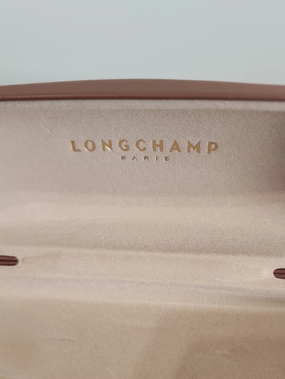 Longchamp Paris Tan Hard Sunglasses Eyeglasses Case Clamshell Embossed